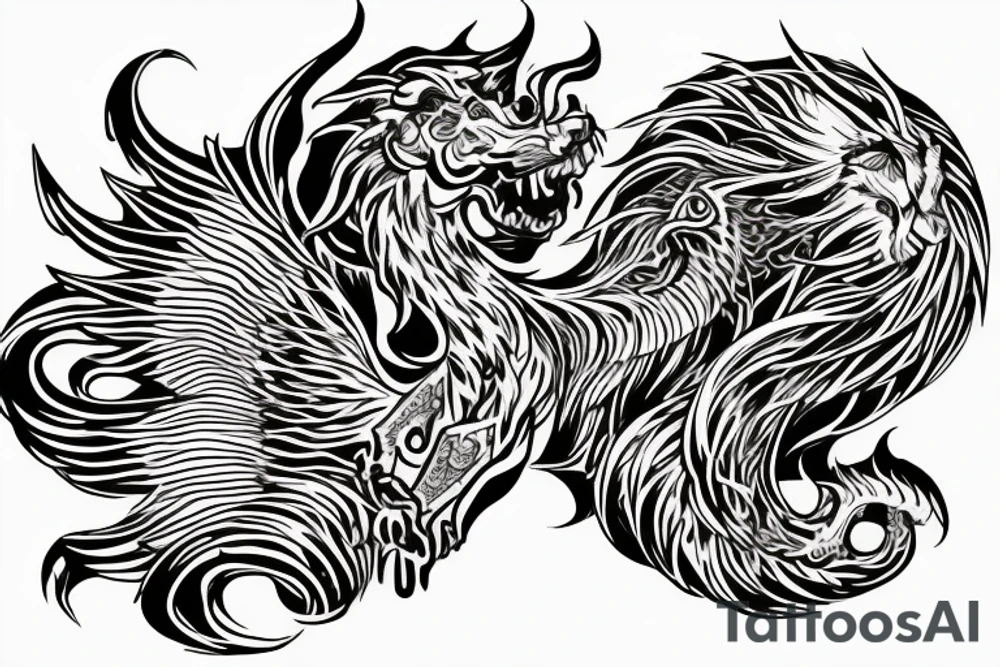 Lion dragon shaman Pegasus
 mystical
 lions mane
dragons wings
dragons feet
abstract negative space
dark
hallucinogenic
Fortune teller
Chrystal ball
Orbuculum tattoo idea