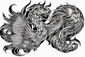 Lion dragon shaman Pegasus
 mystical
 lions mane
dragons wings
dragons feet
abstract negative space
dark
hallucinogenic
Fortune teller
Chrystal ball
Orbuculum tattoo idea