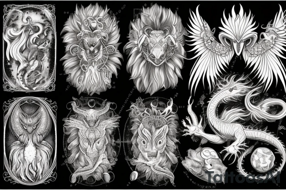 Lion dragon shaman Pegasus
 mystical
 lions mane
dragons wings
dragons feet
abstract negative space
dark
hallucinogenic
Fortune teller
Chrystal ball
Orbuculum tattoo idea
