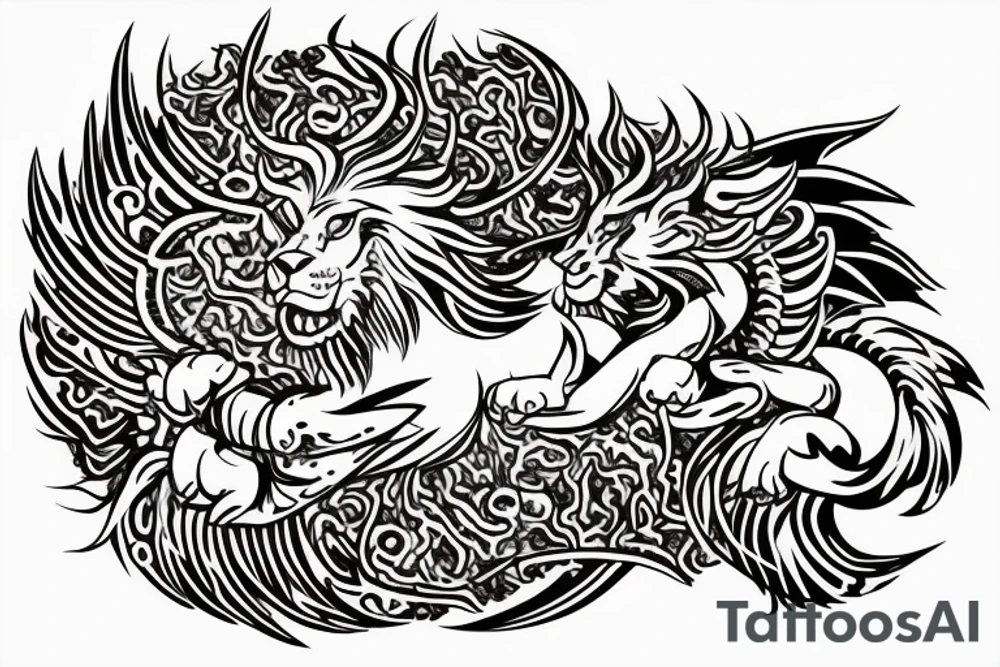Lion dragon shaman Pegasus
 mystical
 lions mane
dragons wings
dragons feet
abstract negative space
dark
hallucinogenic
Fortune teller
Chrystal ball
Orbuculum tattoo idea