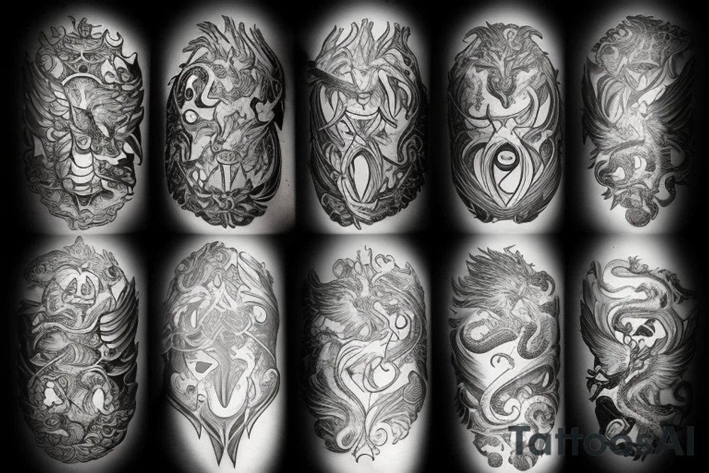 Lion dragon shaman Pegasus
 mystical
 lions mane
dragons wings
dragons feet
abstract negative space
dark
hallucinogenic
Fortune teller
Chrystal ball
Orbuculum tattoo idea
