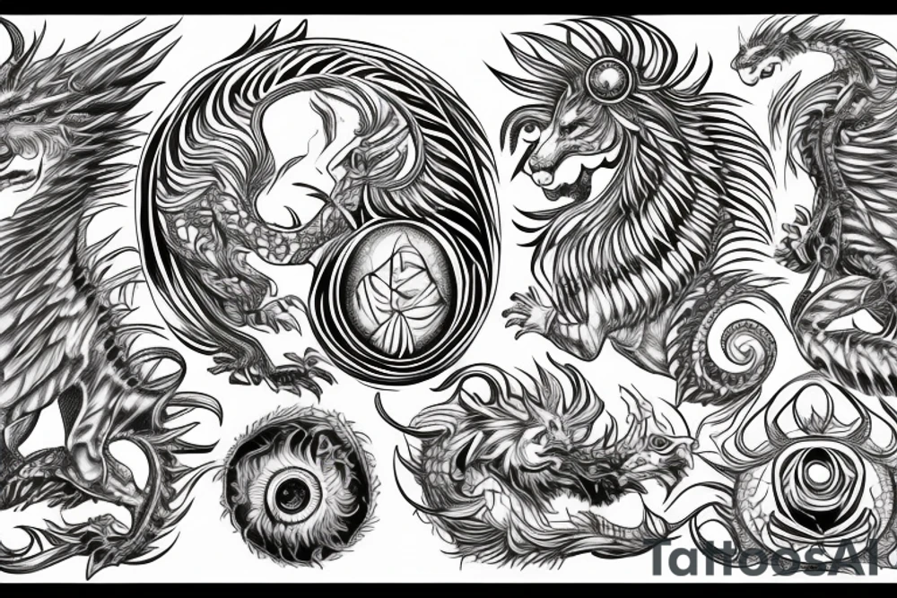 Lion dragon shaman Pegasus
 mystical
 lions mane
dragons wings
dragons feet
abstract negative space
dark
hallucinogenic
Fortune teller
Chrystal ball
Orbuculum tattoo idea