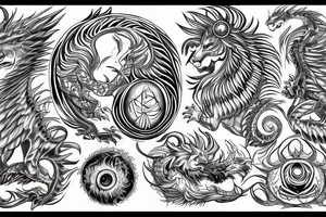 Lion dragon shaman Pegasus
 mystical
 lions mane
dragons wings
dragons feet
abstract negative space
dark
hallucinogenic
Fortune teller
Chrystal ball
Orbuculum tattoo idea