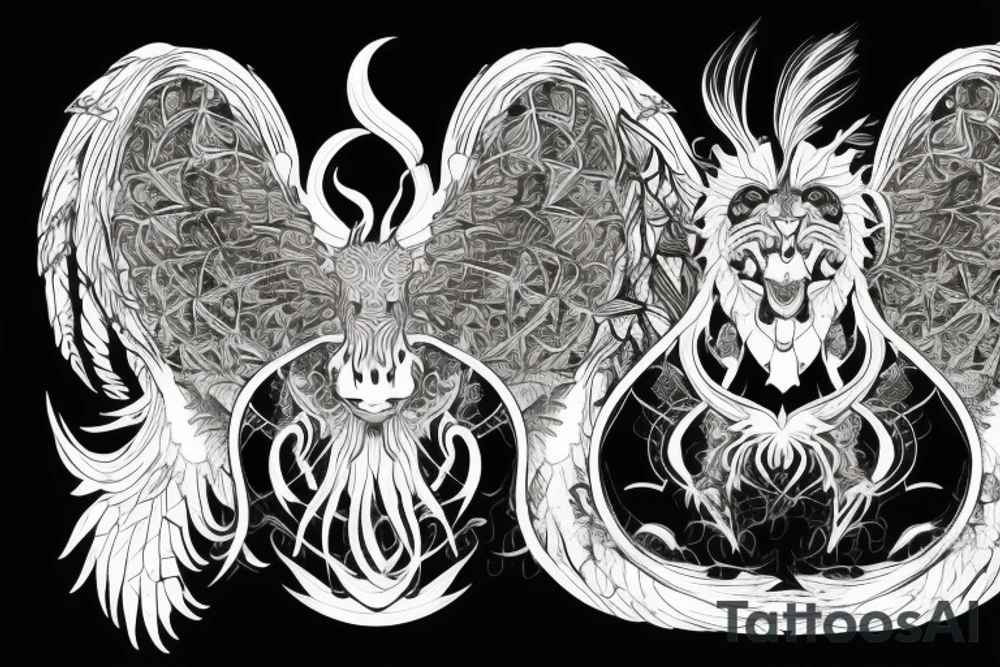 Lion dragon shaman Pegasus
 mystical
 lions mane
dragons wings
dragons feet
abstract negative space
dark
hallucinogenic
Fortune teller
Chrystal ball
Orbuculum tattoo idea