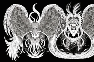 Lion dragon shaman Pegasus
 mystical
 lions mane
dragons wings
dragons feet
abstract negative space
dark
hallucinogenic
Fortune teller
Chrystal ball
Orbuculum tattoo idea