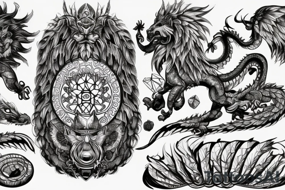 Lion dragon shaman Pegasus
 mystical
 lions mane
dragons wings
dragons feet
abstract negative space
dark
hallucinogenic
Fortune teller
Chrystal ball
Orbuculum tattoo idea
