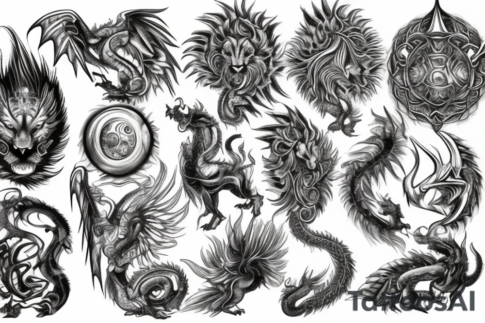 Lion dragon shaman Pegasus
 mystical
 lions mane
dragons wings
dragons feet
abstract negative space
dark
hallucinogenic
Fortune teller
Chrystal ball
Orbuculum tattoo idea