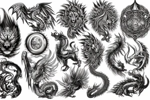 Lion dragon shaman Pegasus
 mystical
 lions mane
dragons wings
dragons feet
abstract negative space
dark
hallucinogenic
Fortune teller
Chrystal ball
Orbuculum tattoo idea