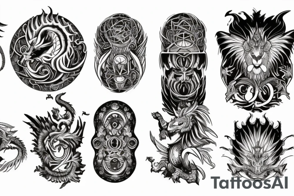 Lion dragon shaman Pegasus
 mystical
 lions mane
dragons wings
dragons feet
abstract negative space
dark
hallucinogenic
Fortune teller
Chrystal ball
Orbuculum tattoo idea