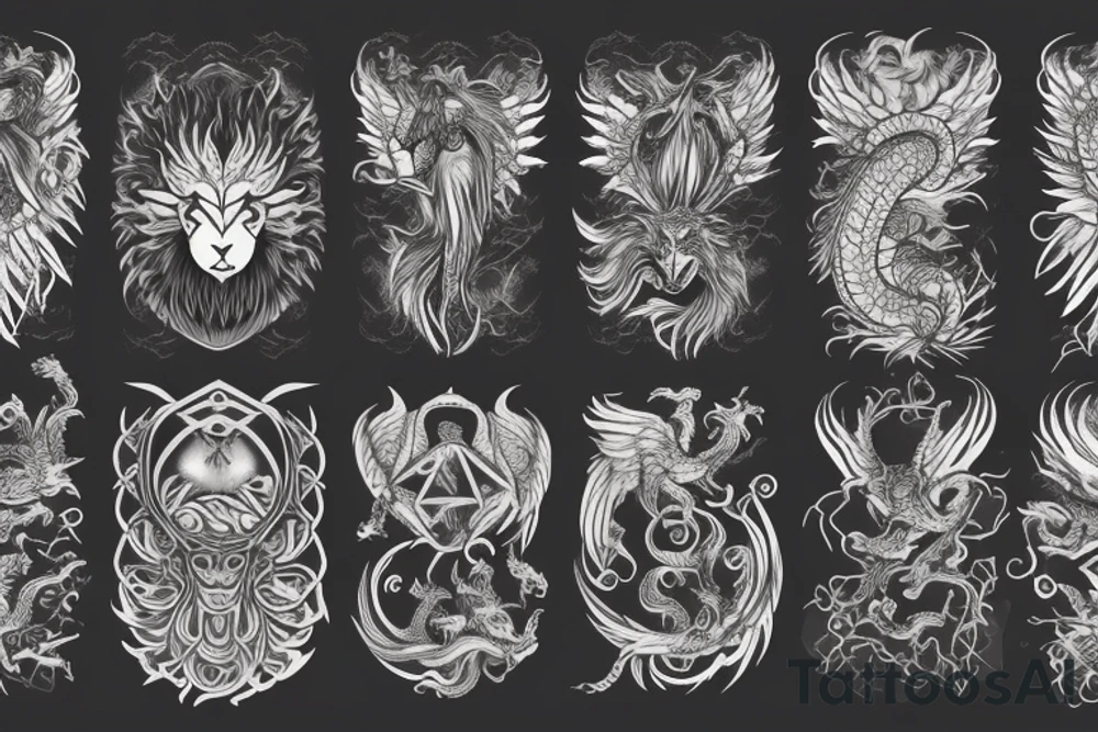 Lion dragon shaman Pegasus
 mystical
 lions mane
dragons wings
dragons feet
abstract negative space
dark
hallucinogenic
Fortune teller
Chrystal ball
Orbuculum tattoo idea