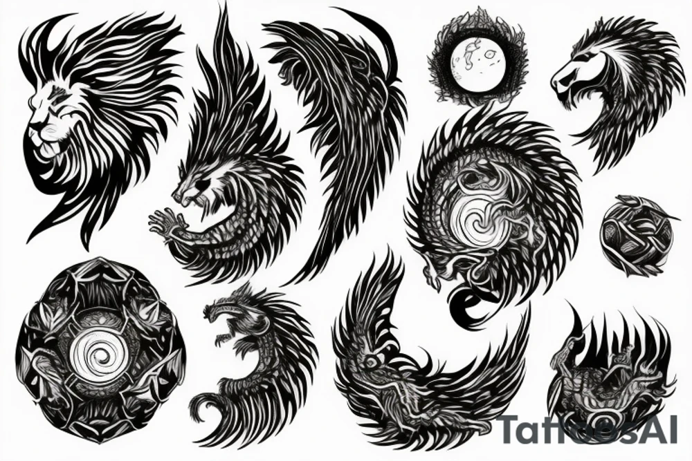 Lion dragon shaman Pegasus
 mystical
 lions mane
dragons wings
dragons feet
abstract negative space
dark
hallucinogenic
Fortune teller
Chrystal ball
Orbuculum tattoo idea
