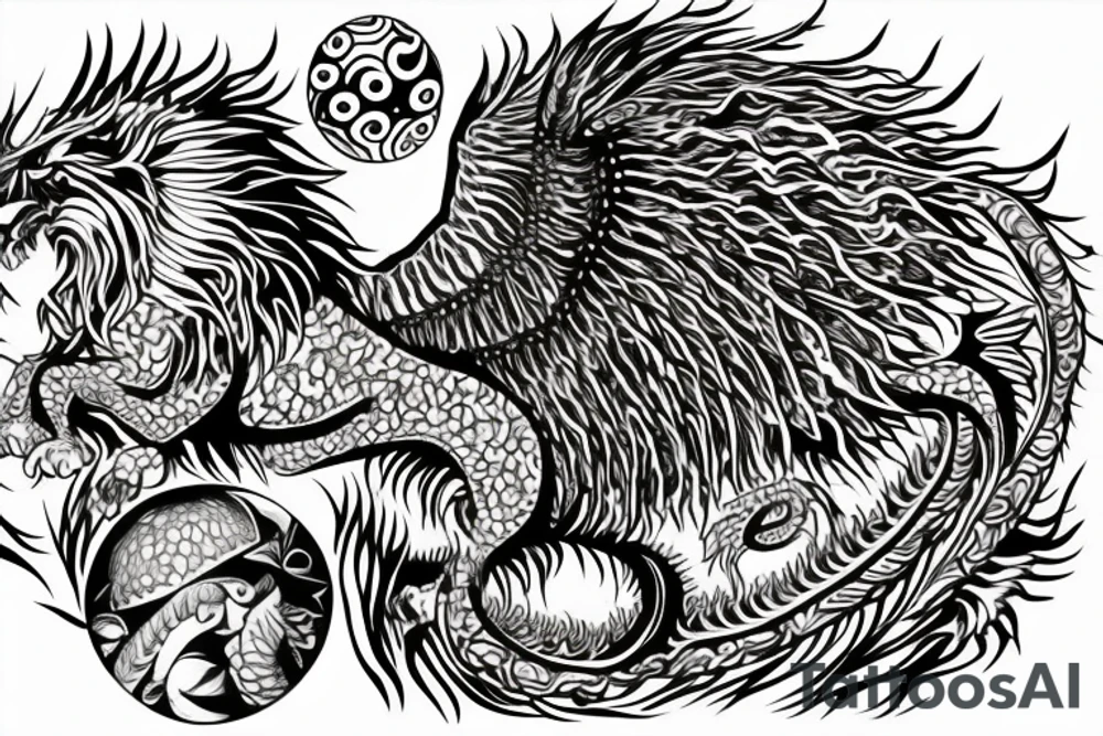 Lion dragon shaman Pegasus
 mystical
 lions mane
dragons wings
dragons feet
abstract negative space
dark
hallucinogenic
Fortune teller
Chrystal ball
Orbuculum tattoo idea