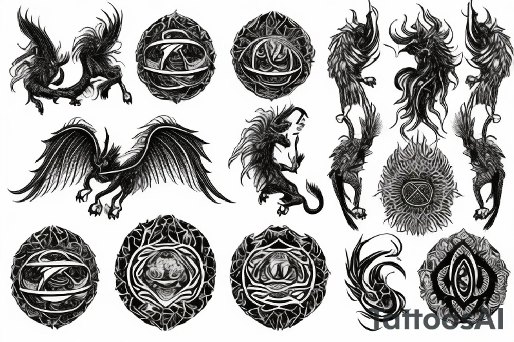 Lion dragon shaman Pegasus
 mystical
 lions mane
dragons wings
dragons feet
abstract negative space
dark
hallucinogenic
Fortune teller
Chrystal ball
Orbuculum tattoo idea