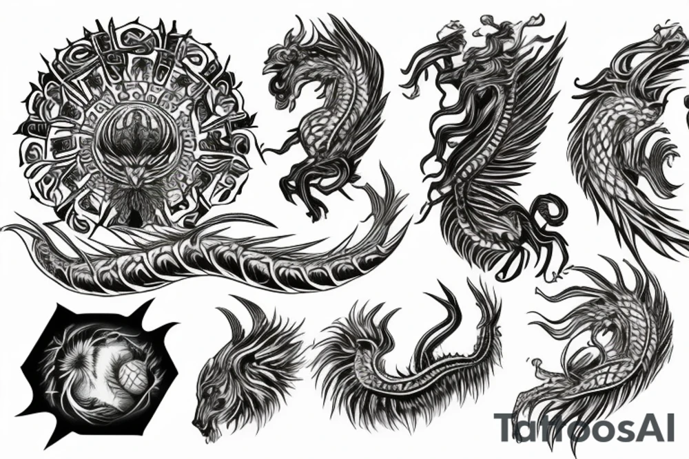 Lion dragon shaman Pegasus
 mystical
 lions mane
dragons wings
dragons feet
abstract negative space
dark
hallucinogenic
Fortune teller
Chrystal ball
Orbuculum tattoo idea