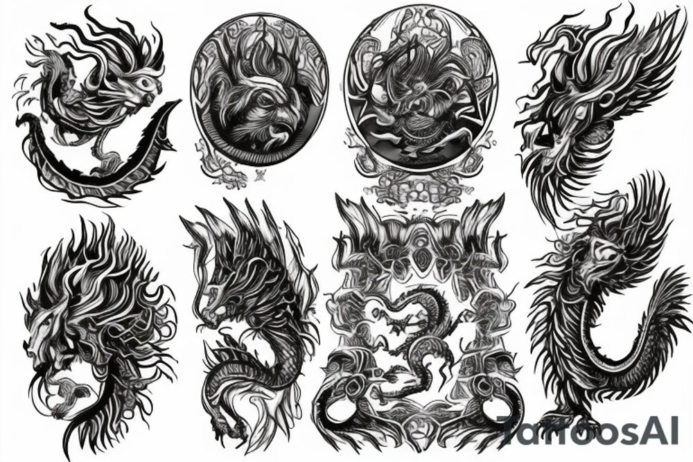 Lion dragon shaman Pegasus
 mystical
 lions mane
dragons wings
dragons feet
abstract negative space
dark
hallucinogenic
Fortune teller
Chrystal ball
Orbuculum tattoo idea