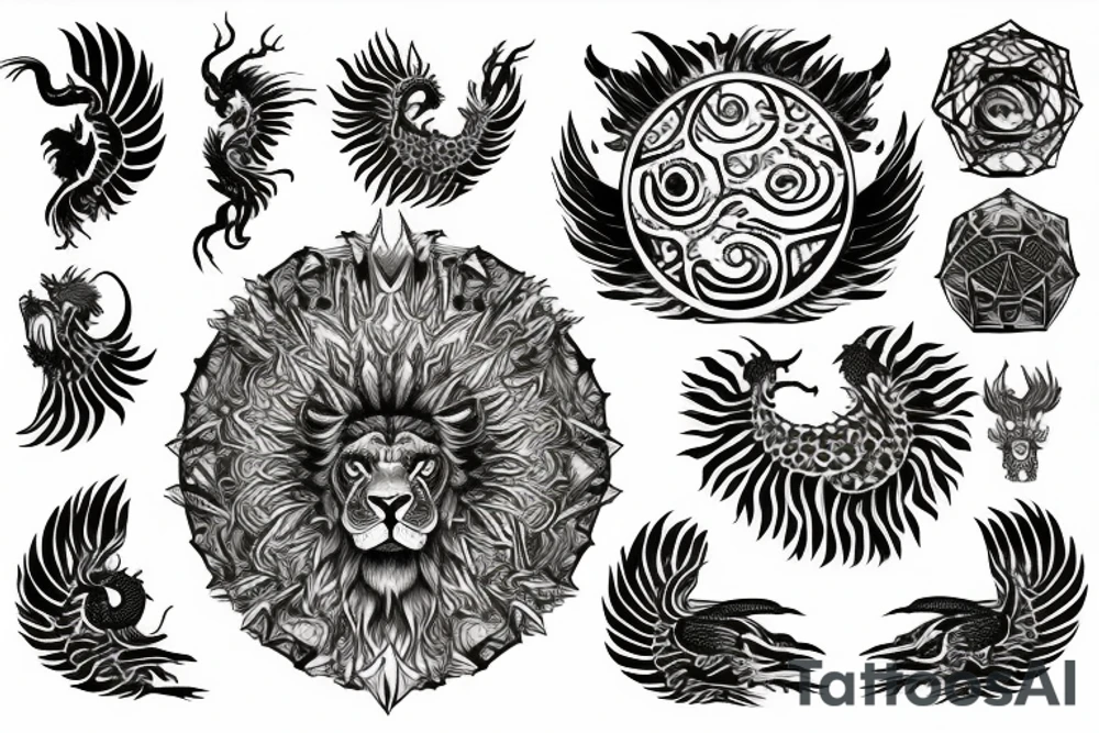 Lion dragon shaman Pegasus
 mystical
 lions mane
dragons wings
dragons feet
abstract negative space
dark
hallucinogenic
Fortune teller
Chrystal ball
Orbuculum tattoo idea