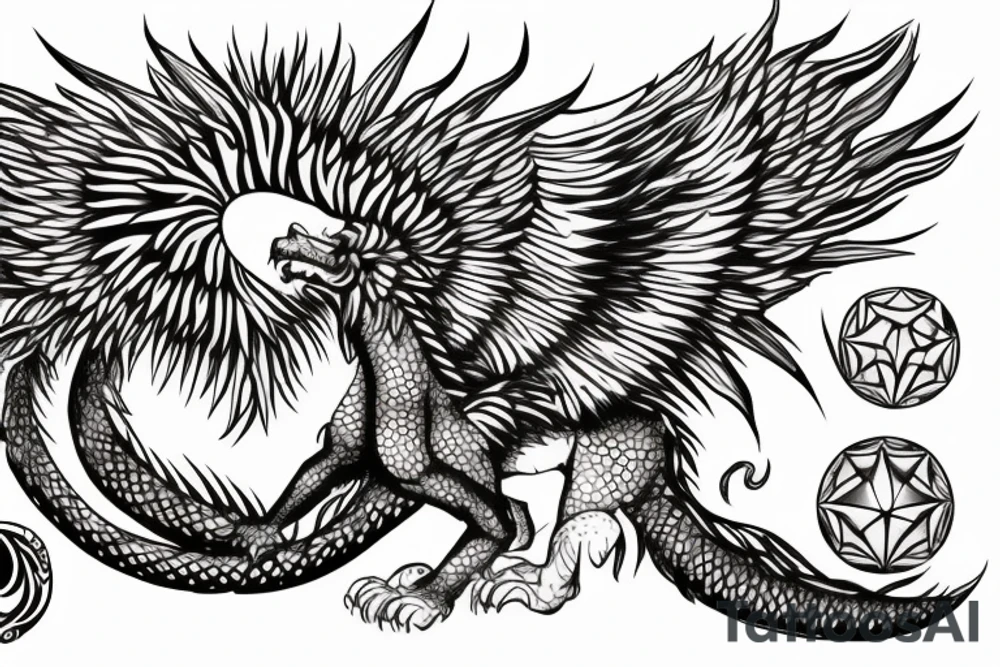 Lion dragon shaman Pegasus
 mystical
 lions mane
dragons wings
dragons feet
abstract negative space
dark
hallucinogenic
Fortune teller
Chrystal ball
Orbuculum tattoo idea