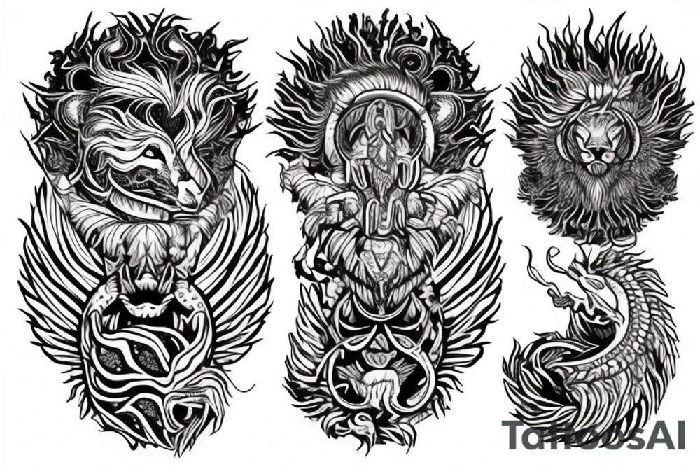 Lion dragon shaman Pegasus
 mystical
 lions mane
dragons wings
dragons feet
abstract negative space
dark
hallucinogenic
Fortune teller
Chrystal ball
Orbuculum tattoo idea