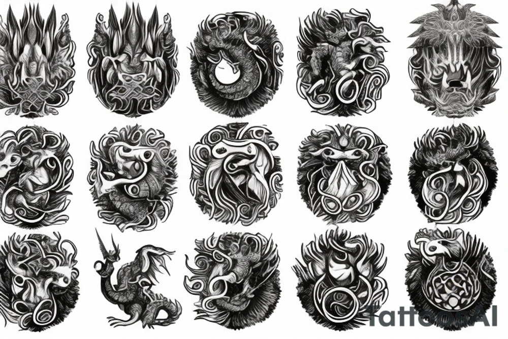 Lion dragon shaman Pegasus
 mystical
 lions mane
dragons wings
dragons feet
abstract negative space
dark
hallucinogenic
Fortune teller
Chrystal ball
Orbuculum tattoo idea