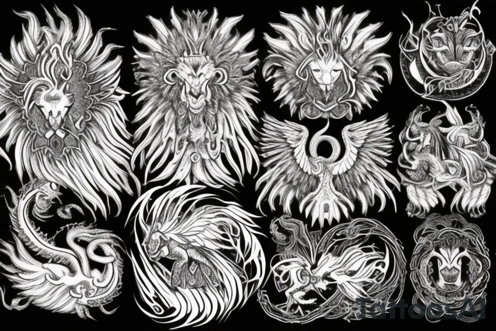 Lion dragon shaman Pegasus
 mystical
 lions mane
dragons wings
dragons feet
abstract negative space
dark
hallucinogenic
Fortune teller
Chrystal ball
Orbuculum tattoo idea