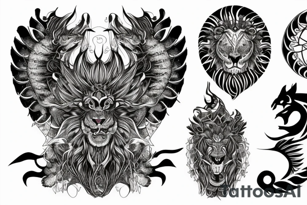 Lion dragon shaman Pegasus
 mystical
 lions mane
dragons wings
dragons feet
abstract negative space
dark
hallucinogenic
Fortune teller
Chrystal ball
Orbuculum tattoo idea