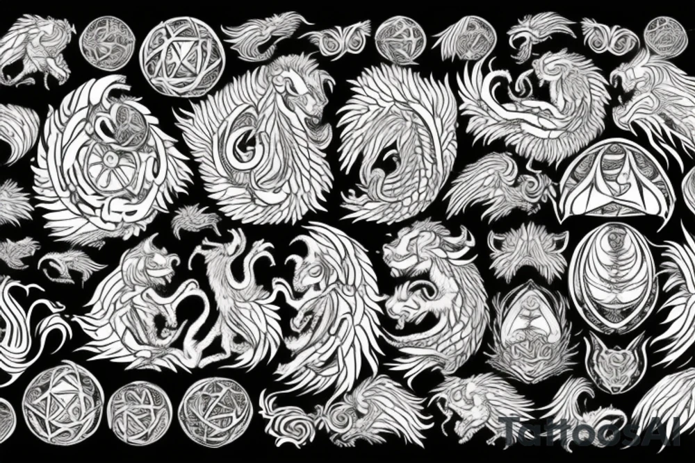 Lion dragon shaman Pegasus
 mystical
 lions mane
dragons wings
dragons feet
abstract negative space
dark
hallucinogenic
Fortune teller
Chrystal ball
Orbuculum tattoo idea