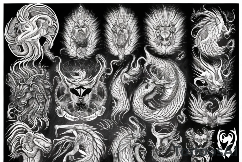 Lion dragon shaman Pegasus
 mystical
 lions mane
dragons wings
dragons feet
abstract negative space
dark
hallucinogenic
Fortune teller
Chrystal ball tattoo idea