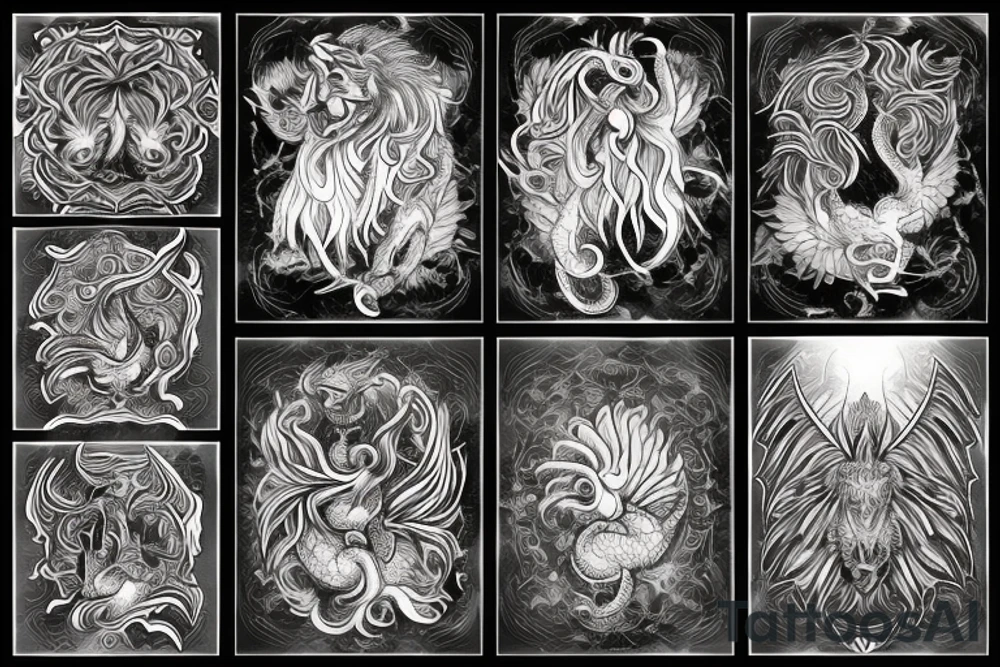 Lion dragon shaman Pegasus
 mystical
 lions mane
dragons wings
dragons feet
abstract negative space
dark
hallucinogenic
Fortune teller
Chrystal ball tattoo idea