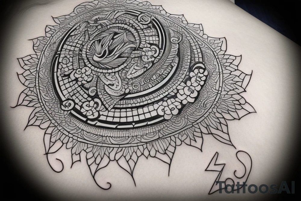 Create a tattoo design that incorporates the number 444 in a creative way. The design should include elements that represent good luck, balance, and stability. Use warm colors and bold lines to create an eye-catching design tattoo idea