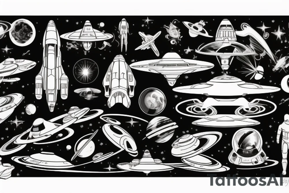 Syfy, for man, on shoulder, space, star ship, star trek tattoo idea