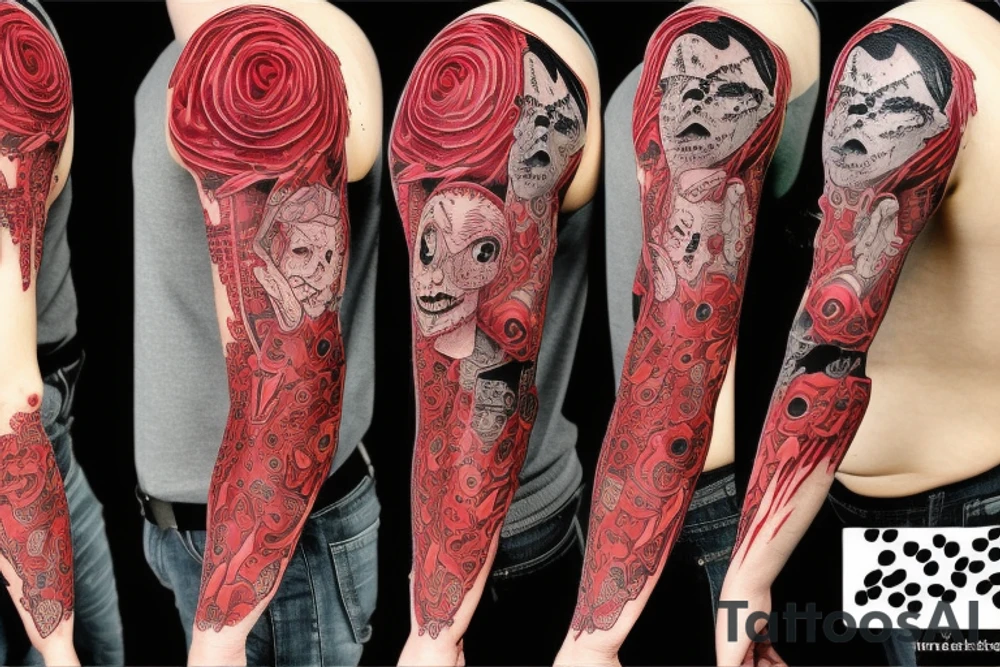 trash polka full sleeve tattoo, red and black tattoo idea