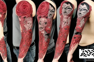 trash polka full sleeve tattoo, red and black tattoo idea