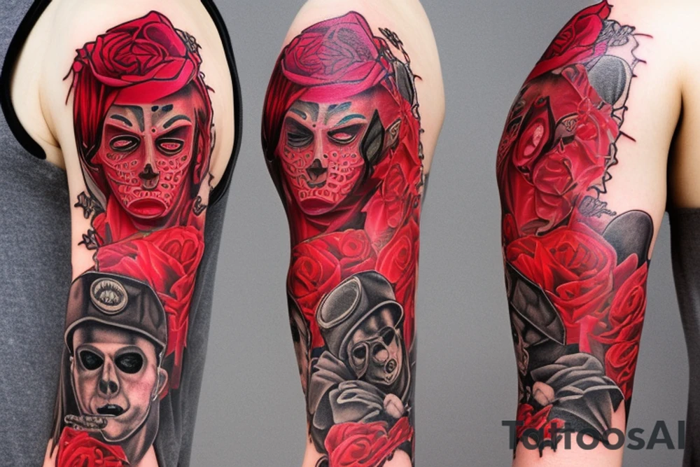 trash polka full sleeve tattoo, red and black tattoo idea