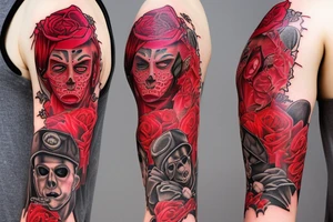 trash polka full sleeve tattoo, red and black tattoo idea