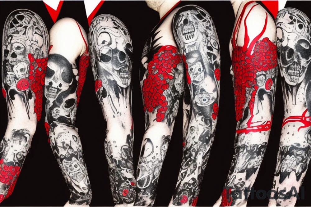 trash polka full sleeve tattoo, black and red tattoo idea