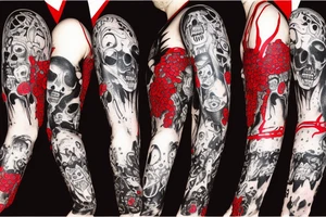 trash polka full sleeve tattoo, black and red tattoo idea