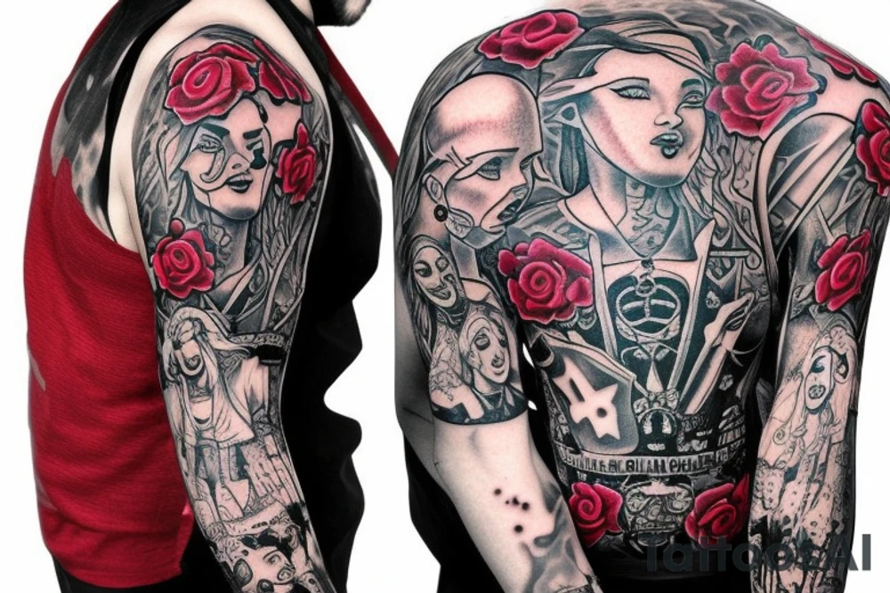 trash polka full sleeve tattoo, black and red tattoo idea