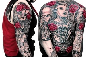 trash polka full sleeve tattoo, black and red tattoo idea
