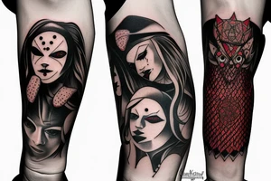 trash polka full sleeve tattoo, black and red tattoo idea