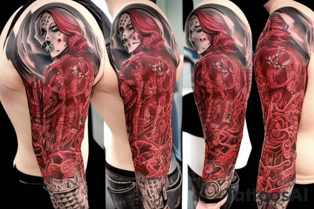 trash polka full sleeve tattoo, black and red tattoo idea