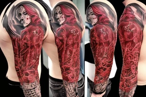 trash polka full sleeve tattoo, black and red tattoo idea