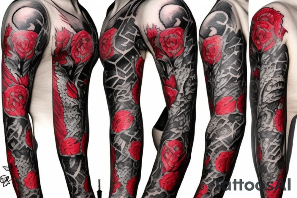 trash polka full sleeve tattoo, black and red tattoo idea