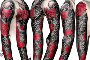 trash polka full sleeve tattoo, black and red tattoo idea