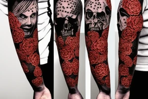 trash polka full sleeve tattoo, black and red tattoo idea