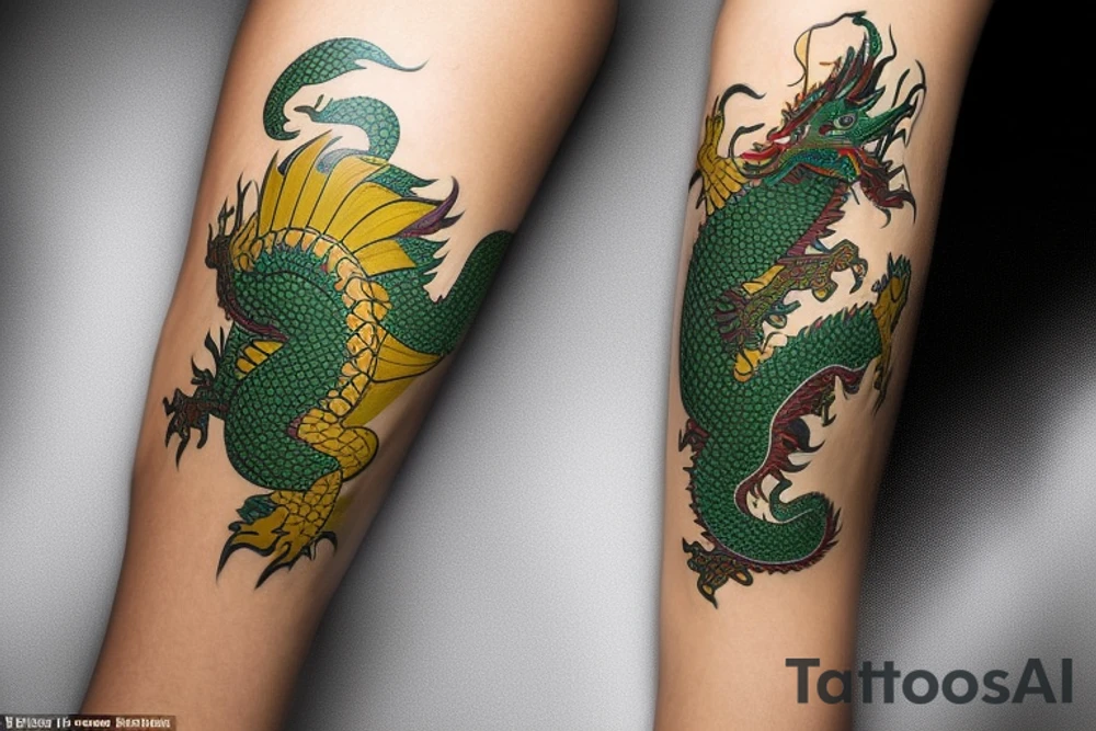 Placement: Shoulder sleeve
The dragon: A Japanese-style dragon tattoo with dark green scales and gold accents, sharp claws, and expressive eyes. Its head perches on your shoulder, and its body wraps around your arm in a spiral. The dragon's mouth is open, as if it's roaring, and its tongue curls around your bicep.
The landscape: Snowy mountains in the distance, pine trees scattered throughout, and a blue sky. The tallest peak is in the center of the design, and the snow is piled high on the ground.
The details: Highly detailed scales with intricate patterns and shading, sharp claws, expressive eyes, and snowflakes with crystalline appearance.
The colors: Dark green scales with gold accents, pale blue-gray mountains, various shades of green for trees, and pure white snow.
The movement The dragon's body curves around your arm in a spiral, with its head and tail meeting at your shoulder. Its wings are outstretched, and it's causing snow on the ground to spray up in a dramatic fashio tattoo idea