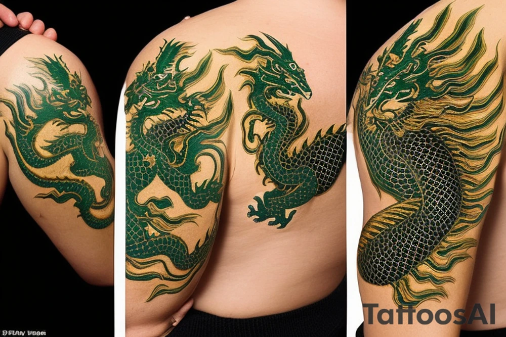 Placement: Shoulder sleeve
The dragon: A Japanese-style dragon tattoo with dark green scales and gold accents, sharp claws, and expressive eyes. Its head perches on your shoulder, and its body wraps around your arm in a spiral. The dragon's mouth is open, as if it's roaring, and its tongue curls around your bicep.
The landscape: Snowy mountains in the distance, pine trees scattered throughout, and a blue sky. The tallest peak is in the center of the design, and the snow is piled high on the ground.
The details: Highly detailed scales with intricate patterns and shading, sharp claws, expressive eyes, and snowflakes with crystalline appearance.
The colors: Dark green scales with gold accents, pale blue-gray mountains, various shades of green for trees, and pure white snow.
The movement The dragon's body curves around your arm in a spiral, with its head and tail meeting at your shoulder. Its wings are outstretched, and it's causing snow on the ground to spray up in a dramatic fashio tattoo idea