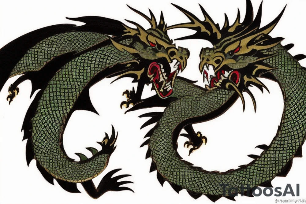 Placement: Shoulder sleeve
The dragon: A Japanese-style dragon tattoo with dark green scales and gold accents, sharp claws, and expressive eyes. Its head perches on your shoulder, and its body wraps around your arm in a spiral. The dragon's mouth is open, as if it's roaring, and its tongue curls around your bicep.
The landscape: Snowy mountains in the distance, pine trees scattered throughout, and a blue sky. The tallest peak is in the center of the design, and the snow is piled high on the ground.
The details: Highly detailed scales with intricate patterns and shading, sharp claws, expressive eyes, and snowflakes with crystalline appearance.
The colors: Dark green scales with gold accents, pale blue-gray mountains, various shades of green for trees, and pure white snow.
The movement The dragon's body curves around your arm in a spiral, with its head and tail meeting at your shoulder. Its wings are outstretched, and it's causing snow on the ground to spray up in a dramatic fashio tattoo idea