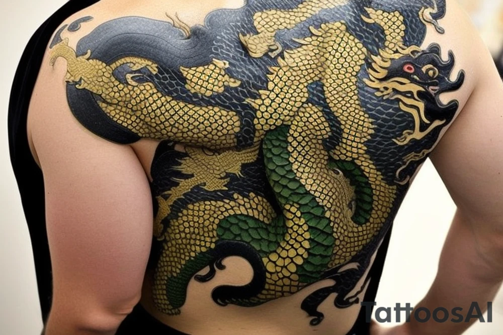 Placement: Shoulder sleeve
The dragon: A Japanese-style dragon tattoo with dark green scales and gold accents, sharp claws, and expressive eyes. Its head perches on your shoulder, and its body wraps around your arm in a spiral. The dragon's mouth is open, as if it's roaring, and its tongue curls around your bicep.
The landscape: Snowy mountains in the distance, pine trees scattered throughout, and a blue sky. The tallest peak is in the center of the design, and the snow is piled high on the ground.
The details: Highly detailed scales with intricate patterns and shading, sharp claws, expressive eyes, and snowflakes with crystalline appearance.
The colors: Dark green scales with gold accents, pale blue-gray mountains, various shades of green for trees, and pure white snow.
The movement The dragon's body curves around your arm in a spiral, with its head and tail meeting at your shoulder. Its wings are outstretched, and it's causing snow on the ground to spray up in a dramatic fashio tattoo idea