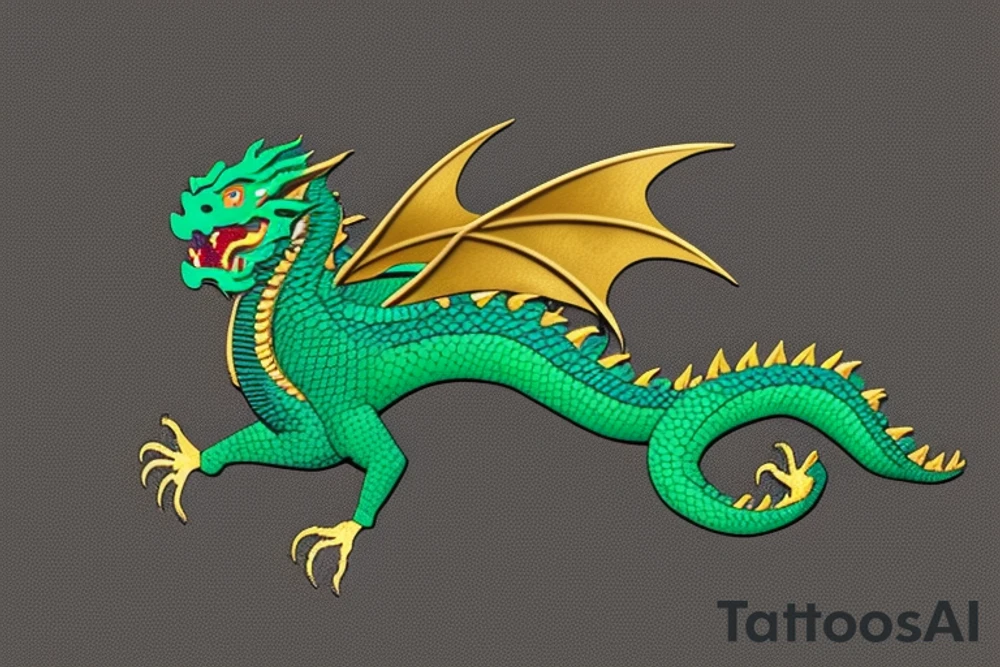 Placement: Shoulder sleeve
The dragon: A Japanese-style dragon tattoo with dark green scales and gold accents, sharp claws, and expressive eyes. Its head perches on your shoulder, and its body wraps around your arm in a spiral. The dragon's mouth is open, as if it's roaring, and its tongue curls around your bicep.
The landscape: Snowy mountains in the distance, pine trees scattered throughout, and a blue sky. The tallest peak is in the center of the design, and the snow is piled high on the ground.
The details: Highly detailed scales with intricate patterns and shading, sharp claws, expressive eyes, and snowflakes with crystalline appearance.
The colors: Dark green scales with gold accents, pale blue-gray mountains, various shades of green for trees, and pure white snow.
The movement The dragon's body curves around your arm in a spiral, with its head and tail meeting at your shoulder. Its wings are outstretched, and it's causing snow on the ground to spray up in a dramatic fashio tattoo idea