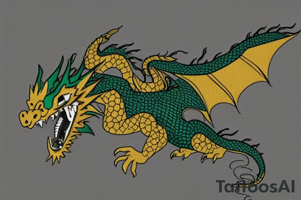 Placement: Shoulder sleeve
The dragon: A Japanese-style dragon tattoo with dark green scales and gold accents, sharp claws, and expressive eyes. Its head perches on your shoulder, and its body wraps around your arm in a spiral. The dragon's mouth is open, as if it's roaring, and its tongue curls around your bicep.
The landscape: Snowy mountains in the distance, pine trees scattered throughout, and a blue sky. The tallest peak is in the center of the design, and the snow is piled high on the ground.
The details: Highly detailed scales with intricate patterns and shading, sharp claws, expressive eyes, and snowflakes with crystalline appearance.
The colors: Dark green scales with gold accents, pale blue-gray mountains, various shades of green for trees, and pure white snow.
The movement The dragon's body curves around your arm in a spiral, with its head and tail meeting at your shoulder. Its wings are outstretched, and it's causing snow on the ground to spray up in a dramatic fashio tattoo idea